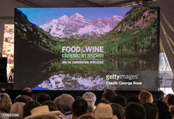 Large LED screen displays a picture of the Maroon Bells during a cooking demonstration on June 14 in Aspen, Colorado. The 31st Annual Food & Wine...