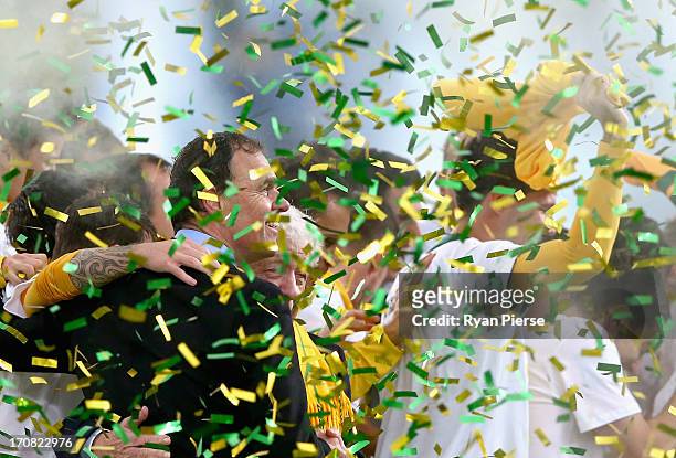 Holger Osieck, head coach of the Socceroos and Frank Lowy, FFA Chairman celebrate after the FIFA 2014 World Cup Asian Qualifier match between the...