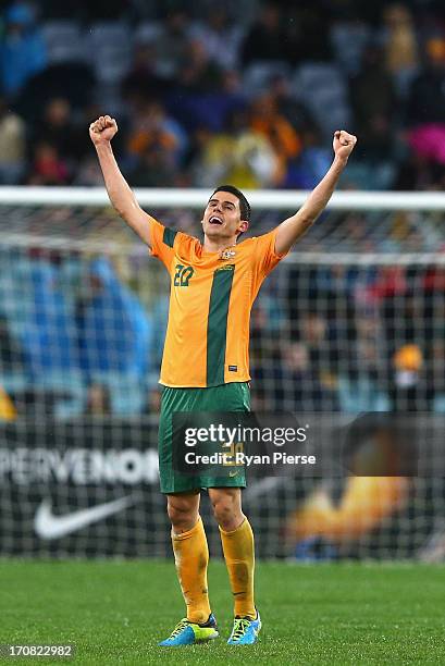 Tom Rogic of the Socceroos celebrates victory during the FIFA 2014 World Cup Asian Qualifier match between the Australian Socceroos and Iraq at ANZ...