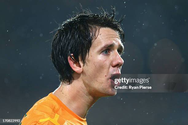 Robbie Kruse of the Socceroos looks on during the FIFA 2014 World Cup Asian Qualifier match between the Australian Socceroos and Iraq at ANZ Stadium...