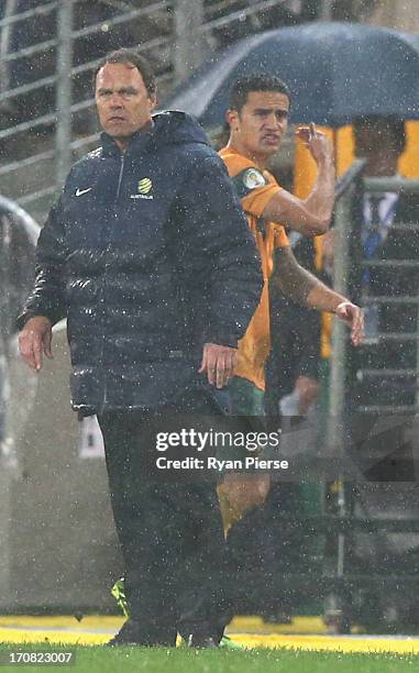Holger Osieck, head coach of the Socceroos substitutes Tim Cahill of the Socceroos during the FIFA 2014 World Cup Asian Qualifier match between the...