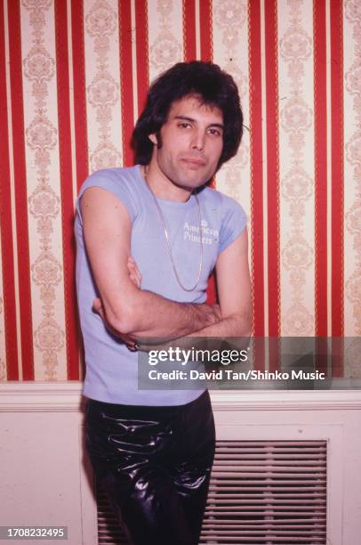 Portrait of Freddie Mercury of British band Queen at press conference at the Fairmont Hotel, New Orleans, Louisiana, Unted States, 31st October 1978.