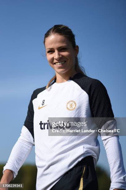 Melanie Leupolz of Chelsea walks out prior to a Chelsea FC Women's Training Session at Chelsea Training Ground on September 29, 2023 in Cobham,...