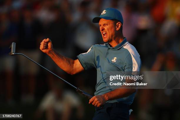 Justin Rose of Team Europe celebrates on the 18th green during the Friday afternoon fourball matches of the 2023 Ryder Cup at Marco Simone Golf Club...