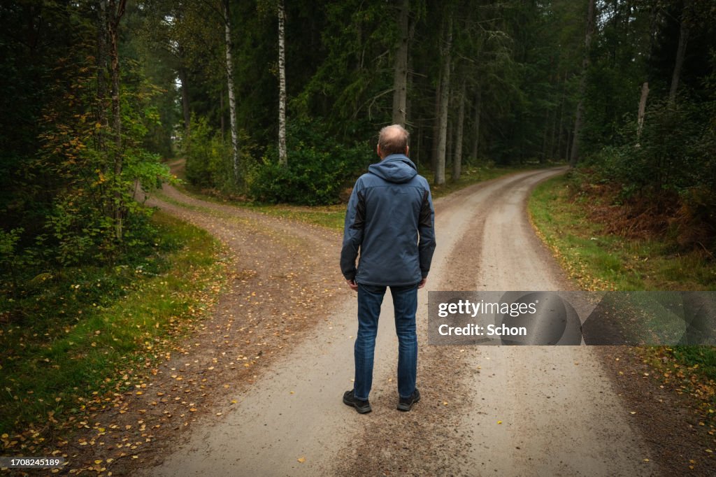 A man stands at a crossroads in the forest in autumn