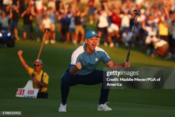 Justin Rose of Team Europe celebrates on the 18th green during the Friday afternoon fourball matches of the 2023 Ryder Cup at Marco Simone Golf Club...