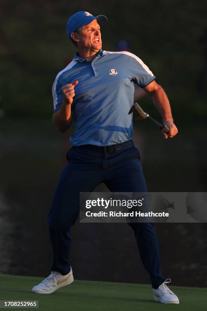 Justin Rose of Team Europe celebrates on the 18th green during the Friday afternoon fourball matches of the 2023 Ryder Cup at Marco Simone Golf Club...