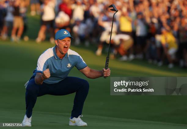 Justin Rose of Team Europe celebrates on the 18th green during the Friday afternoon fourball matches of the 2023 Ryder Cup at Marco Simone Golf Club...
