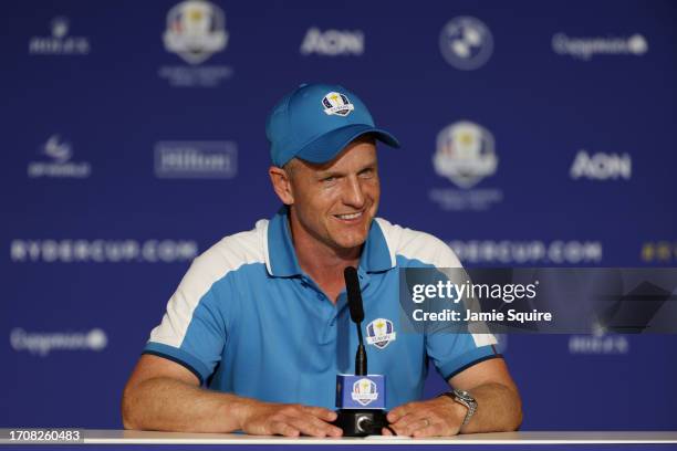 Luke Donald, Captain of Team Europe speaks in a press conference following the Friday afternoon fourball matches of the 2023 Ryder Cup at Marco...