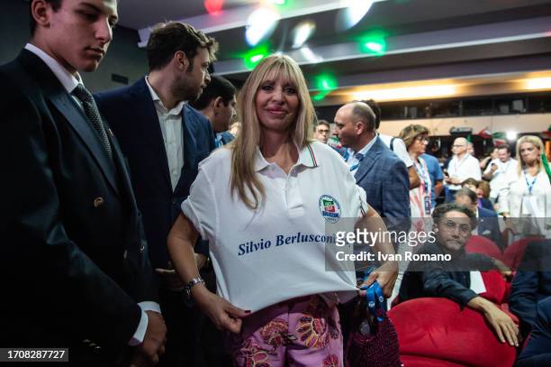 Alessandra Mussolini with the "Berlusconi Day" shirt during the National conference of Forza Italia party on September 29, 2023 in Paestum, Italy....