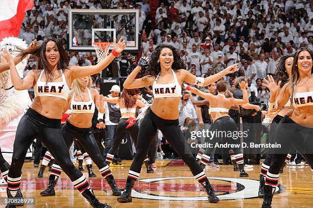 Members of the Miami Heat Dancers preform during Game Six of the 2013 NBA Finals between the Miami Heat and the San Antonio Spurs on June 18, 2013 at...