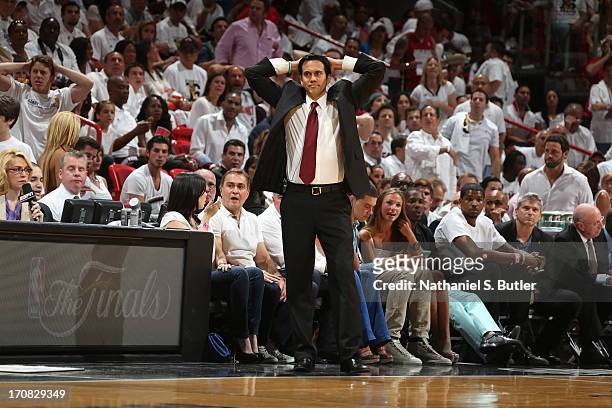 Head Coach Erik Spoelstra of the Miami Heat while playing against the San Antonio Spurs in Game Six of the 2013 NBA Finals on June 18, 2013 at...