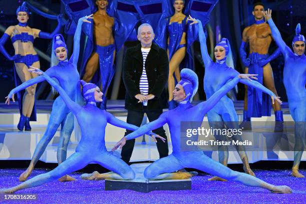 Jean Paul Gaultier and artists during the "Falling in love" media call at Friedrichstadtpalast on October 5, 2023 in Berlin, Germany.