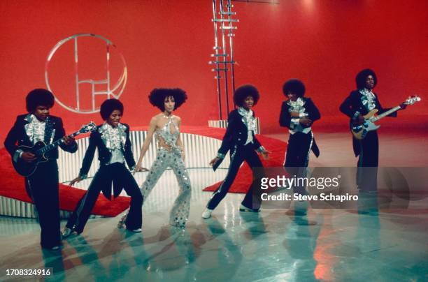 Members of the Jackson 5 perform with Cher perform on an episode of the television variety show 'Cher,' New York, New York, March 16, 1975. Pictured...