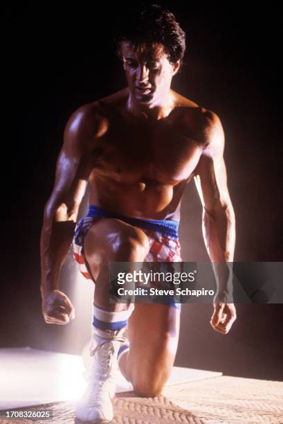 American actor and film director Sylvester Stallone on the set of the film 'Rocky IV' , Los Angeles, California, 1984.