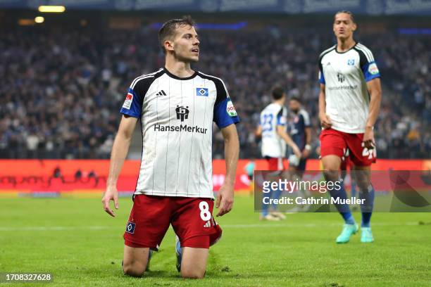 Laszlo Benes of Hamburger SV celebrates scoring his teams first goal of the game during the Second Bundesliga match between Hamburger SV and Fortuna...