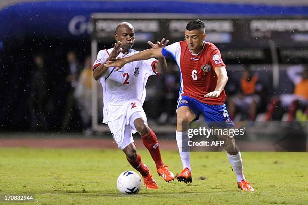 Costa Rican Diego Calvo vies for the ball with Leone Parris of Panama during their FIFA World Cup Brazil 2014, CONCACAF qualifier football match at...