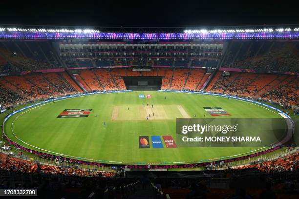 This picture shows a general view of the Narendra Modi Stadium during the 2023 ICC men's cricket World Cup one-day international match between...