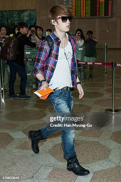 Kim Jae-Joong of South Korean boy band JYJ is seen on departure at Gimpo Airport on June 19, 2013 in Seoul, South Korea.