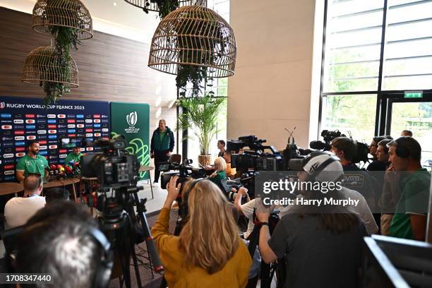 Paris , France - 5 October 2023; Head coach Andy Farrell speaks to the media during an Ireland Rugby media conference at Le Domaine des Vanneaux...