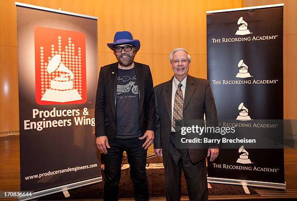 Producer and musician Daniel Lanois and Shure's Sandy LaManti at the GRAMMY SoundTables: Behind The Glass With Daniel Lanois at Shure, Inc on June...