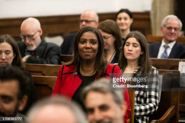 Letitia James, New York's attorney general, center, at New York State Supreme Court in New York, US, on Thursday, Oct. 5, 2023. Donald Trump is...
