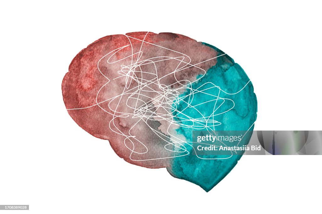 Hand drawing human brain with tangled lines inside,watercolor art.Concept of mental health and disorders.Isolated on white background.