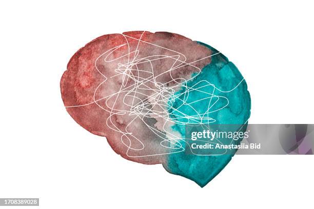 Hand Drawing Human Brain With Tangled Lines Inside Watercolor Artconcept Of Mental Health And Disordersisolated On White Background High-Res Stock Photo