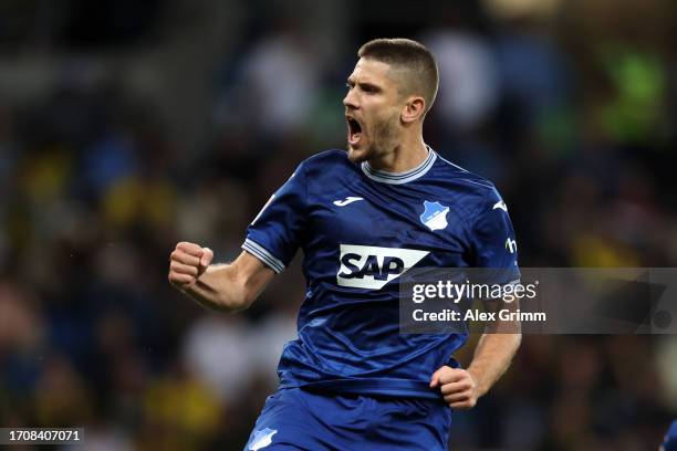 Andrej Kramaric of TSG Hoffenheim celebrates scoring his teams first goal of the game from the penalty spot during the Bundesliga match between TSG...