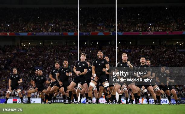 In this handout image provided by World Rugby, the players of New Zealand perform the Haka prior to kick-off ahead of the Rugby World Cup France 2023...