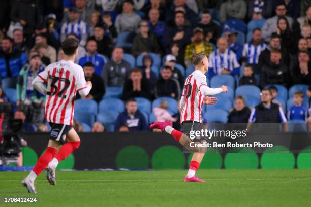 Jack Clarke of Sunderland celebrates his goal to make it 0-2 during the Sky Bet Championship match between Sheffield Wednesday and Sunderland at...