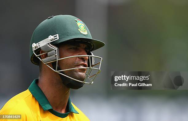 Robin Peterson of South Africa looks dejected as he walks off after losing his wicket to James Anderson of England for Lbw and 30 runs during the ICC...