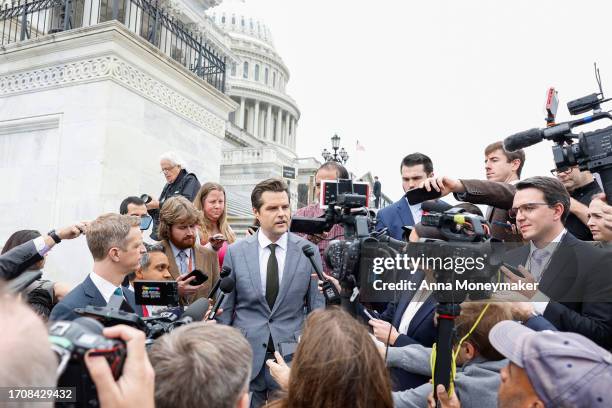 Rep. Matt Gaetz speaks to reporters outside of the U.S. Capitol Building on September 29, 2023 in Washington, DC. The House of Representatives failed...