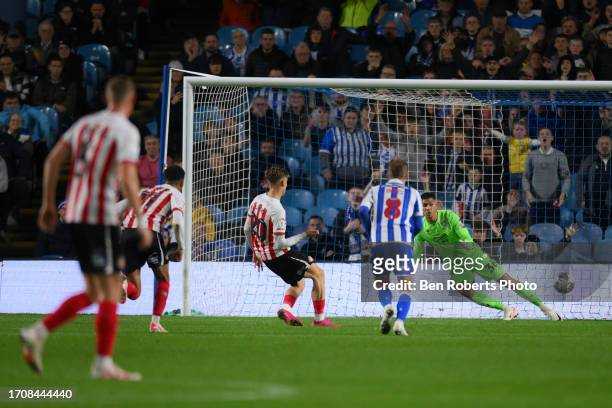 Jack Clarke of Sunderland scores to make it 0-3 during the Sky Bet Championship match between Sheffield Wednesday and Sunderland at Hillsborough on...