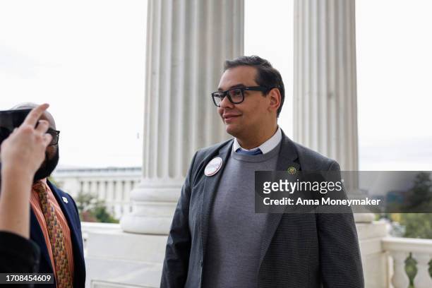 Rep. George Santos speaks to reporters outside of the U.S. Capitol Building on September 29, 2023 in Washington, DC. The House of Representatives...