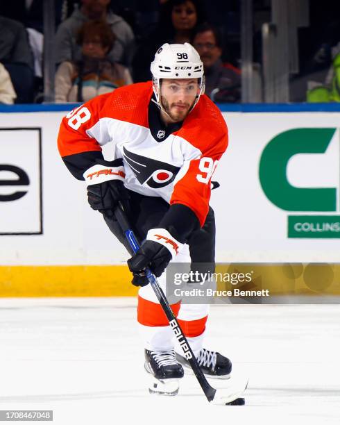 Victor Mete of Philadelphia Flyers skates against the New York Islanders during a preseason game at UBS Arena on September 27, 2023 in Elmont, New...