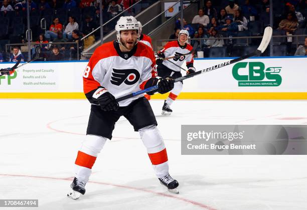 Victor Mete of Philadelphia Flyers skates against the New York Islanders during a preseason game at UBS Arena on September 27, 2023 in Elmont, New...