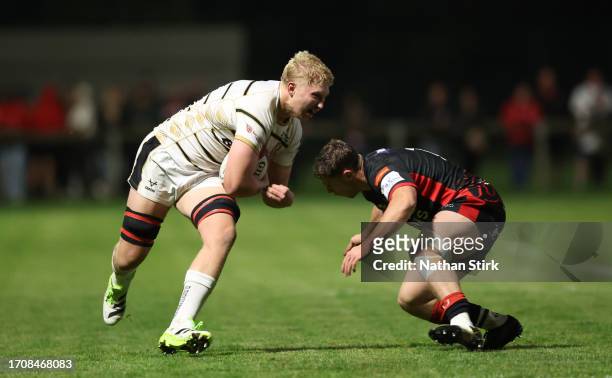 Danny Eite of Gloucester and Brad Denty of Hartpury during the Premiership Rugby Cup match between Hartpury University and Gloucester Rugby at Alpas...
