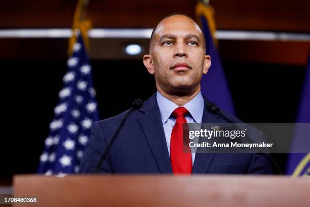 House Minority Leader Hakeem Jeffries speaks to reporters at a press conference on government funding in the U.S. Capitol on September 29, 2023 in...