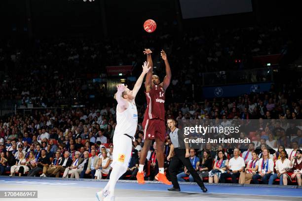 Serge Ibaka of FC Bayern Muenchen Basketball shoots the ball during the easyCredit BBL match between FC Bayern München Basketball and Syntainics MBC...