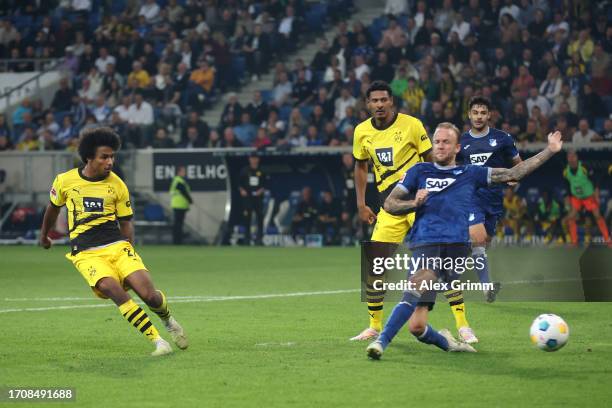 Karim David Adeyemi of Borussia Dortmund misses a chance during the Bundesliga match between TSG Hoffenheim and Borussia Dortmund at PreZero-Arena on...