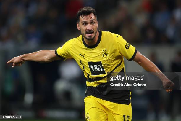 Mats Hummels of Borussia Dortmund reacts during the Bundesliga match between TSG Hoffenheim and Borussia Dortmund at PreZero-Arena on September 29,...