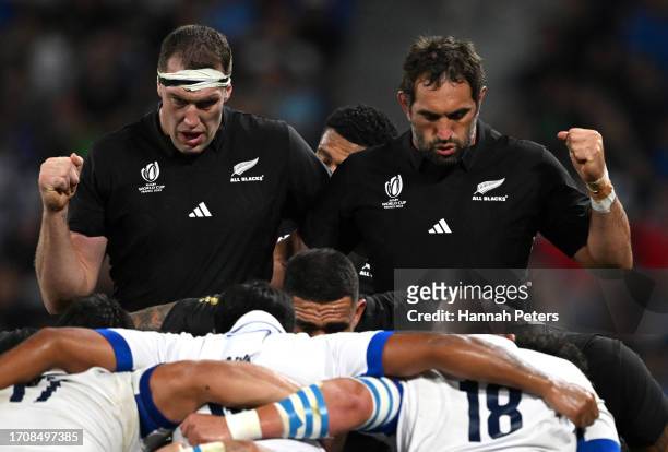 Brodie Retallick and Samuel Whitelock of New Zealand prepare to contest a scrum during the Rugby World Cup France 2023 match between New Zealand and...