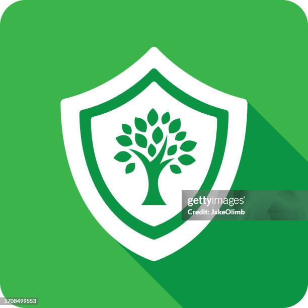 shield tree icon silhouette - tree hugging stock illustrations