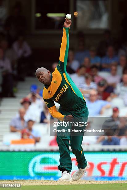 Lonwabo Tsotsobe of South Africa bowls during the ICC Champions Trophy Semi Final match between England and South Africa at The Oval on June 19, 2013...