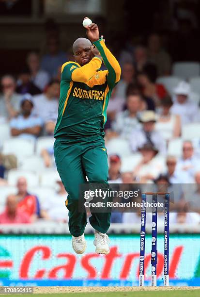 Lonwabo Tsotsobe of South Africa bowls during the ICC Champions Trophy Semi Final match between England and South Africa at The Oval on June 19, 2013...