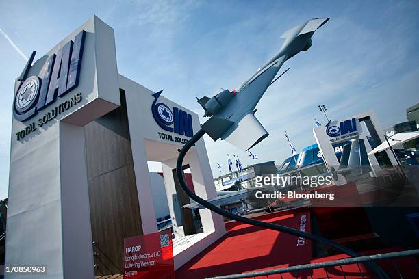 Unmanned air vehicle or drone, manufactured by Israel Aerospace Industries Ltd. , sits on display outside the company's stand on the second day of...