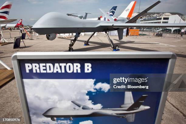 Or MQ-9 Reaper unmanned air vehicle or drone, manufactured by General Atomics Aeronautical Systems Inc., sits on display outside the company's stand...