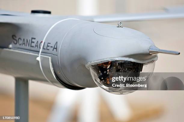 Boeing Co. ScanEagle unmanned aerial vehicle or drone, sits on display on the second day of the Paris Air Show in Paris, France, on Tuesday, June 18,...