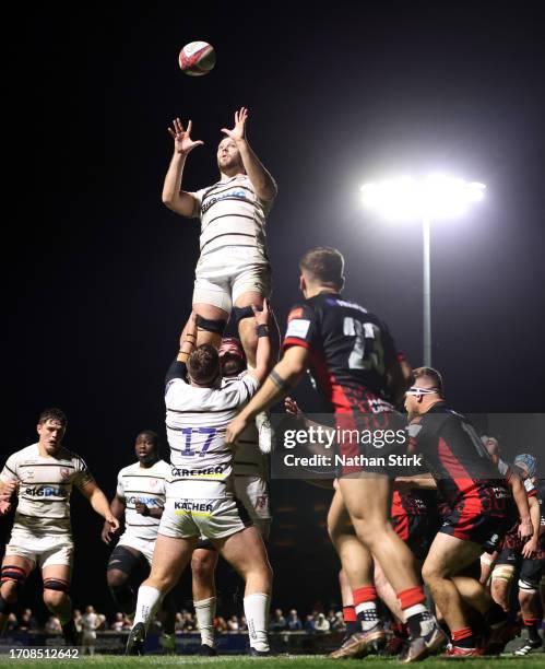 Ben Donnell of Gloucester catches the ball from a line out during the Premiership Rugby Cup match between Hartpury University and Gloucester Rugby at...